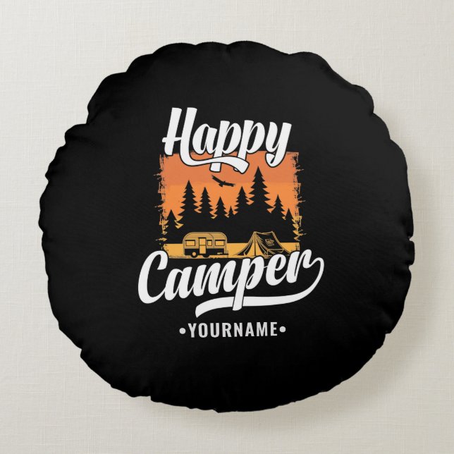 Happy Camper Camping Hiking Travel Caravan Life Round Pillow (Front)