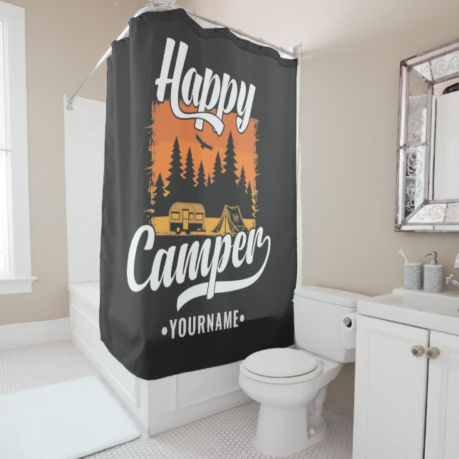 Happy Camper Camping Hiking Travel Caravan Life Shower Curtain (In Situ)