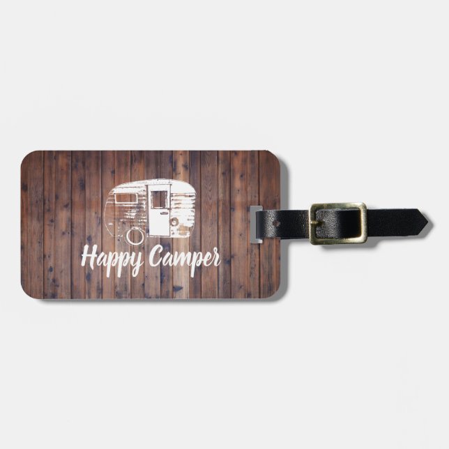 Happy Camper Camping Trailer Rustic Wood Luggage Tag (Front Horizontal)