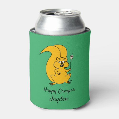 Happy Camper Cute Cartoon Squirrel and Marshmallow Can Cooler