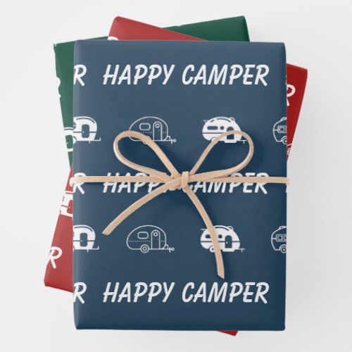 Happy Camper Cute Retro RV in Blue Red and Green Wrapping Paper Sheets