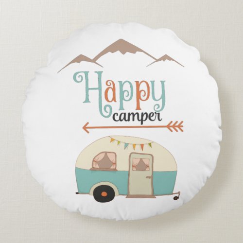 HAPPY CAMPER Cute Retro RV Round Pillow