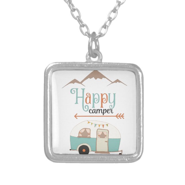 Happy Camper Cute Retro RV Silver Plated Necklace (Front)