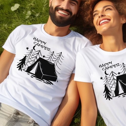 Happy Camper Doodle Art Camping Tent in the Woods T_Shirt