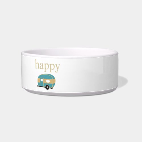 Happy Camper Gold Text with Teal Travel Trailer Bowl