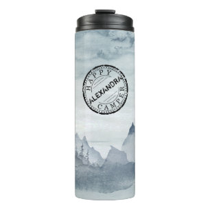 Happy Camper Gray Watercolor Landscape Camping Thermal Tumbler