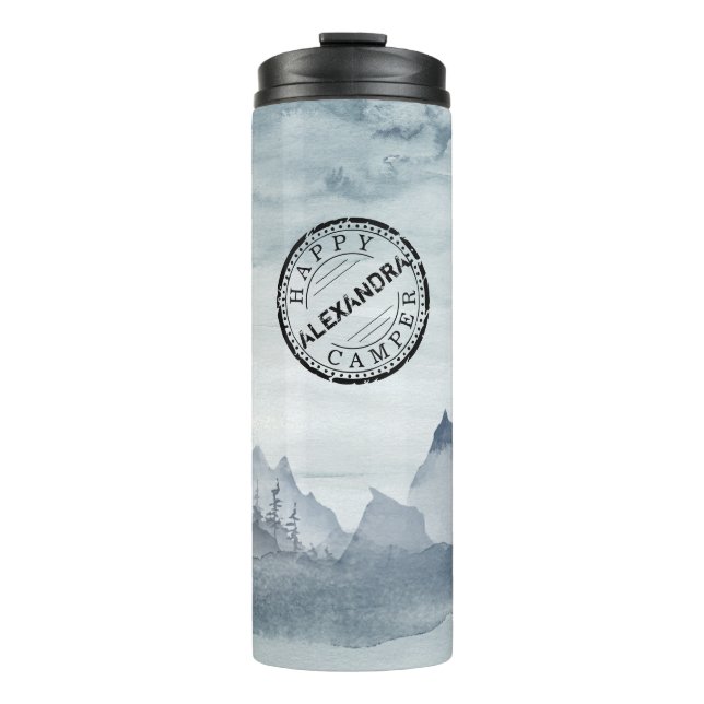 Happy Camper Gray Watercolor Landscape Camping Thermal Tumbler (Front)