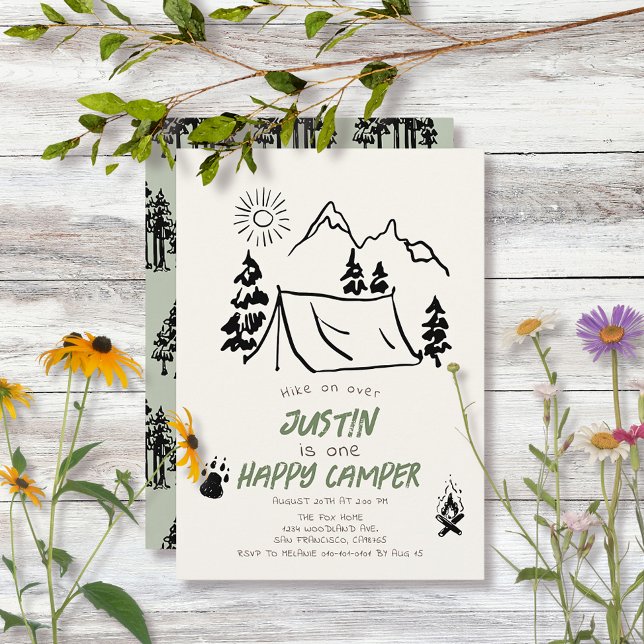 Happy Camper Hand-drawn Tent Mountain 1st Birthday Invitation (Creator Uploaded)