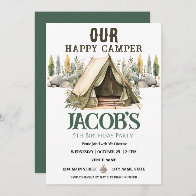  Happy Camper Kids 5th Birthday  Invitation (Front/Back)