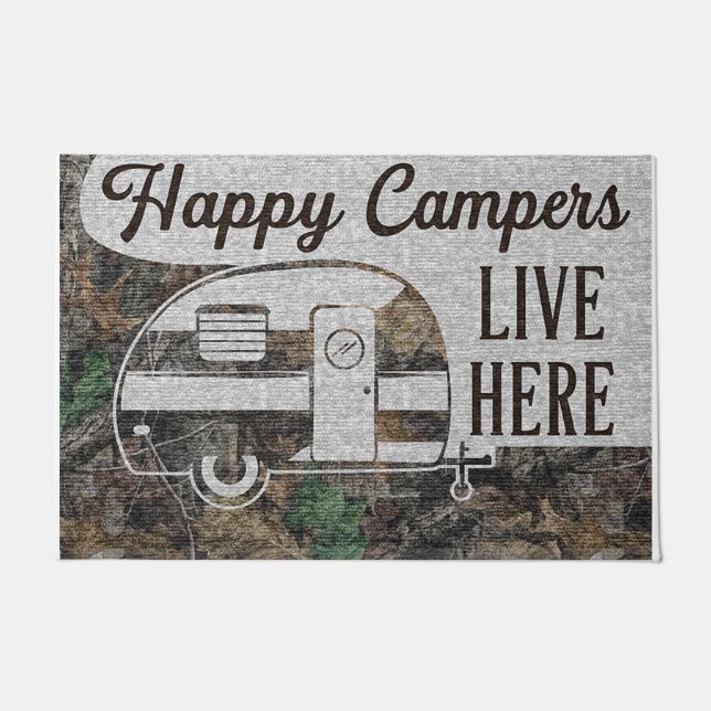 Happy Camper Lives Here Doormat, Personalized Doormat (Front)