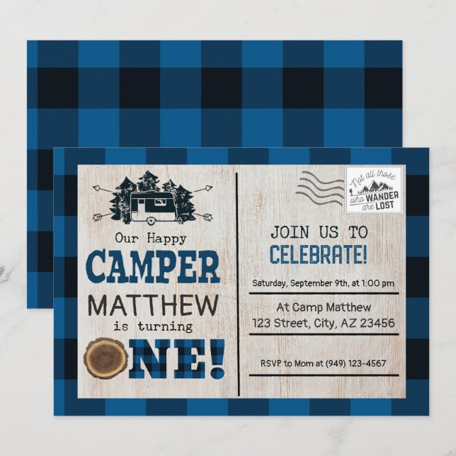 Happy Camper Lumberjack Flannel First Birthday Invitation (Front/Back)