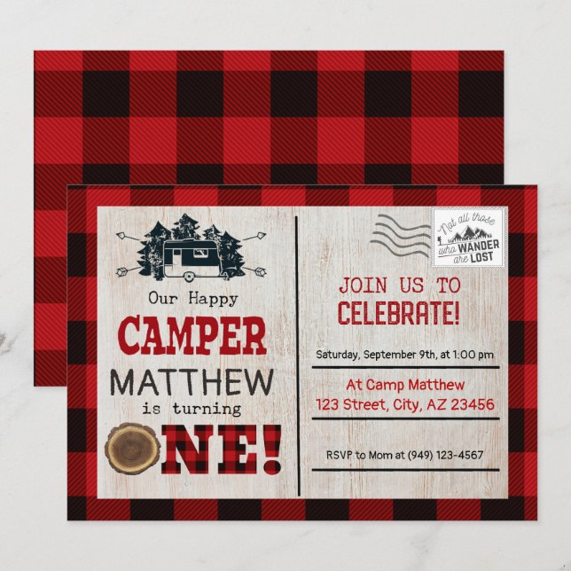 Happy Camper Lumberjack Flannel First Birthday Invitation (Front/Back)