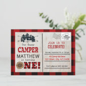 Happy Camper Lumberjack Flannel First Birthday Invitation (Standing Front)
