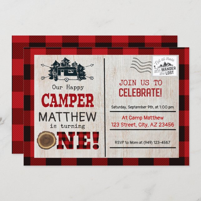 Happy Camper Lumberjack Flannel First Birthday Invitation (Front/Back)