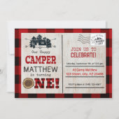 Happy Camper Lumberjack Flannel First Birthday Invitation (Front)