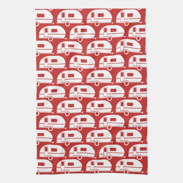 Happy Camper | Modern Camper Decor Red White Towel (Vertical)