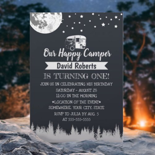 Happy Camper Moon Stars Forest Birthday Invitation