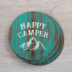 Happy Camper Mountain Adventure Teal Barn Camping Round Paper Coaster