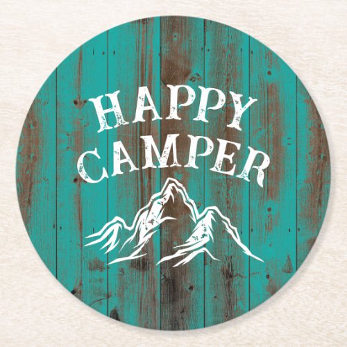 Happy Camper Mountain Adventure Teal Barn Camping Round Paper Coaster