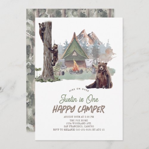 Happy Camper Mountain Bears Boy 1st Birthday Invitation