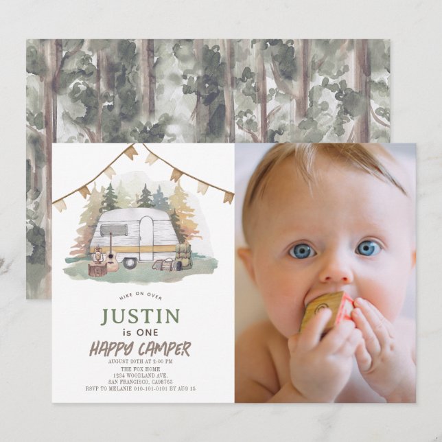 Happy Camper Mountain Boy 1st Birthday Photo Invitation (Front/Back)