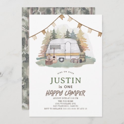 Happy Camper Mountain Forest Boy 1st Birthday Invitation