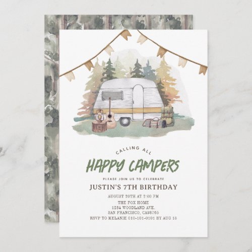 Happy Camper Mountain Forest Boy Birthday Invitation