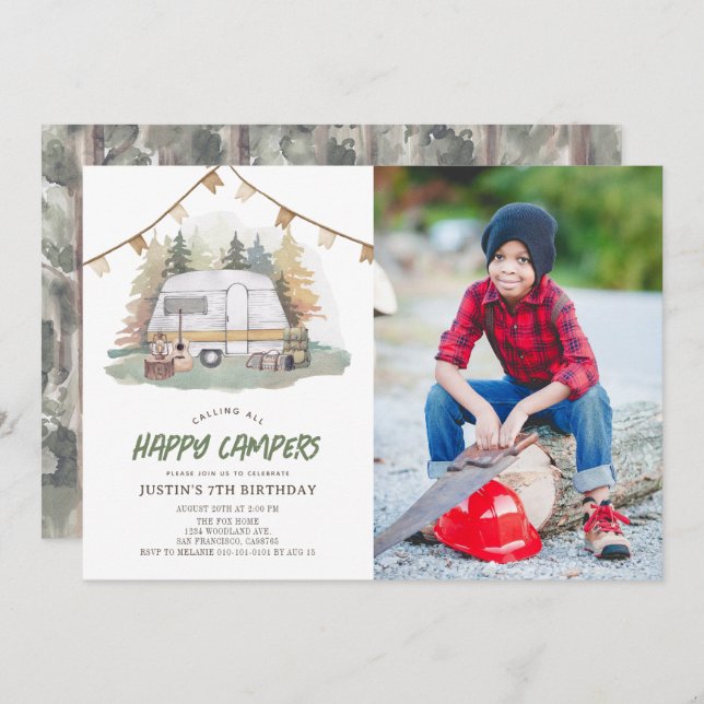 Happy Camper Mountain Forest Boy Birthday Photo Invitation (Front/Back)