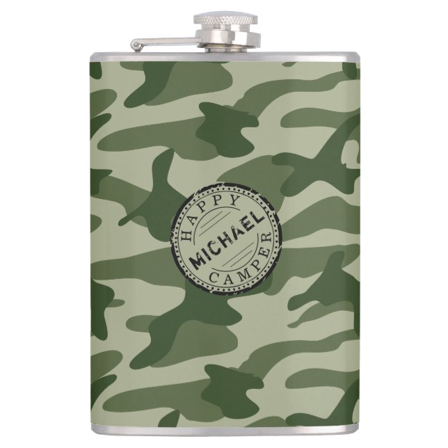 Happy Camper Olive Green Camo Name Camping Travel Flask (Front)