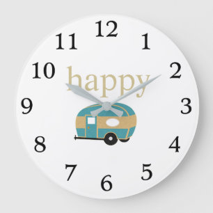 Happy Camper Personality Gold Teal Travel Trailer Large Clock