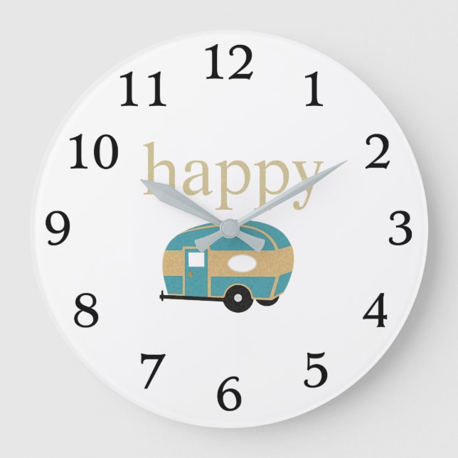 Happy Camper Personality Gold Teal Travel Trailer Large Clock (Front)