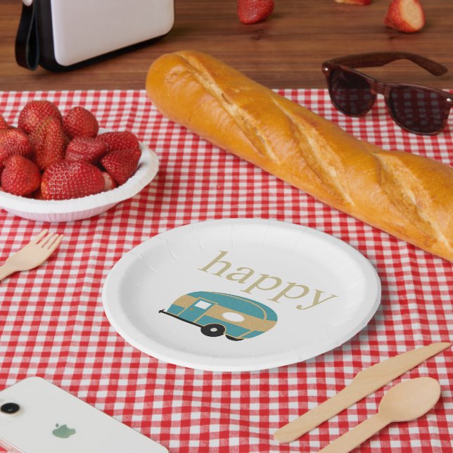 Happy Camper Personality Teal Gold Travel Trailer Paper Plates (Picnic)