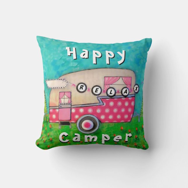 Happy Camper Pillow, Camper Art Throw Pillow (Front)