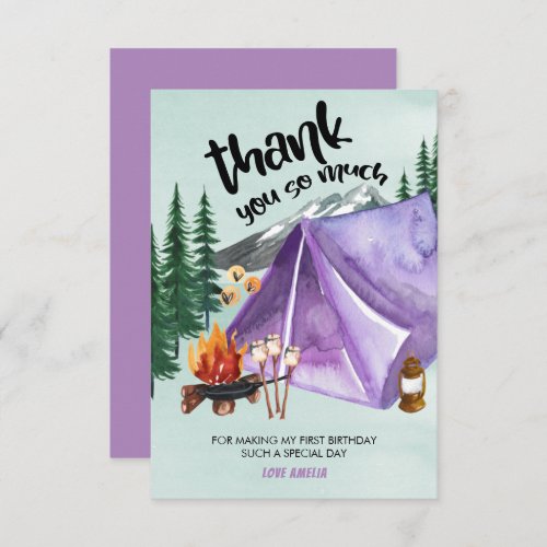 Happy Camper Purple Tent Girls Birthday Thank You Card