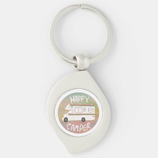 Happy Camper Rainbow RV Sunset Motorhome RVing Keychain (Front)