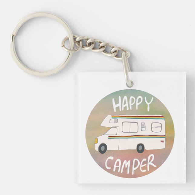 Happy Camper Rainbow RV Sunset Motorhome RVing Keychain (Front)