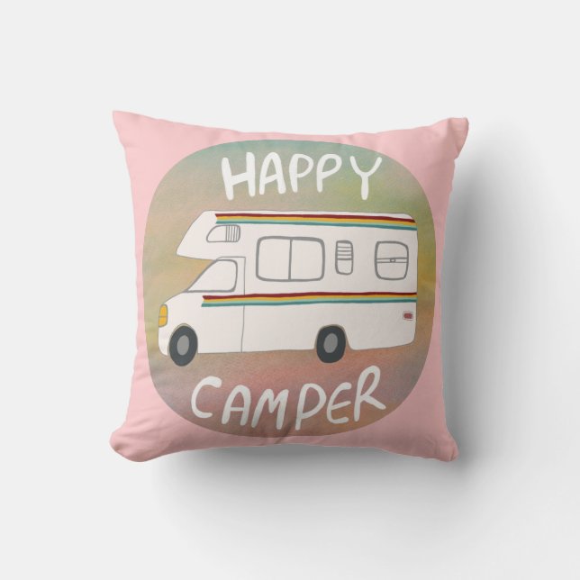Happy Camper Rainbow RV Sunset Motorhome RVing Throw Pillow (Front)