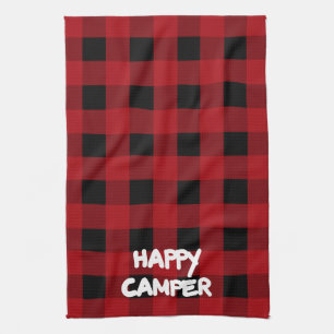 Happy Camper Red and Black Buffalo Plaid Kitchen Towel