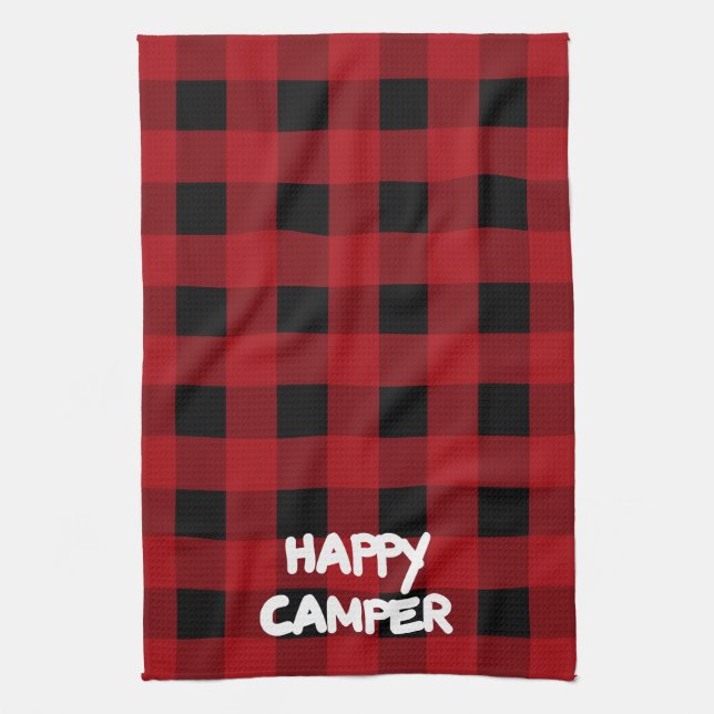 Happy Camper Red and Black Buffalo Plaid Kitchen Towel (Vertical)