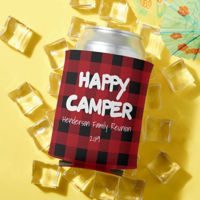 Happy Camper Red Plaid Family Reunion Can Cooler (In Situ Summer)