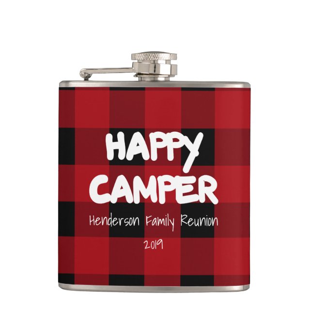 Happy Camper Red Plaid Family Reunion Flask (Front)