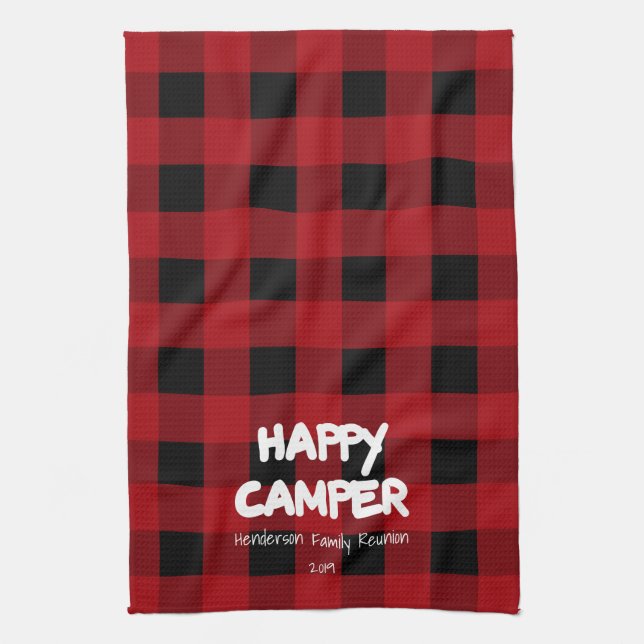 Happy Camper Red Plaid Family Reunion Kitchen Towel (Vertical)