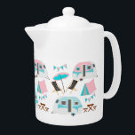 Happy Camper Retro Caravan Camping  Teapot<br><div class="desc">A super cute pattern with a camping theme featuring retro caravans,  tents,  deck chairs,  sun umbrellas and picnic tables in tones of turquoise blue,  pink and white, </div>
