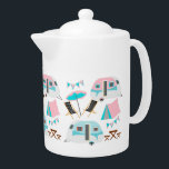 Happy Camper Retro Caravan Camping  Teapot<br><div class="desc">A super cute pattern with a camping theme featuring retro caravans,  tents,  deck chairs,  sun umbrellas and picnic tables in tones of turquoise blue,  pink and white, </div>