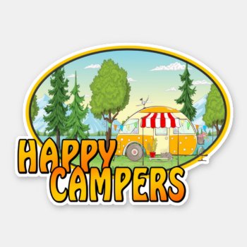 Happy Camper Retro Design With Caravan Trees Sticker by Stickies at Zazzle