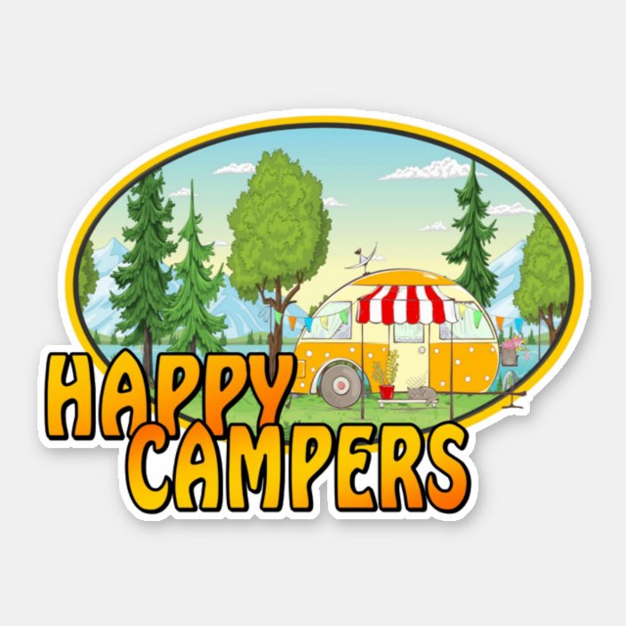 Happy camper retro design with caravan trees sticker | Zazzle.com