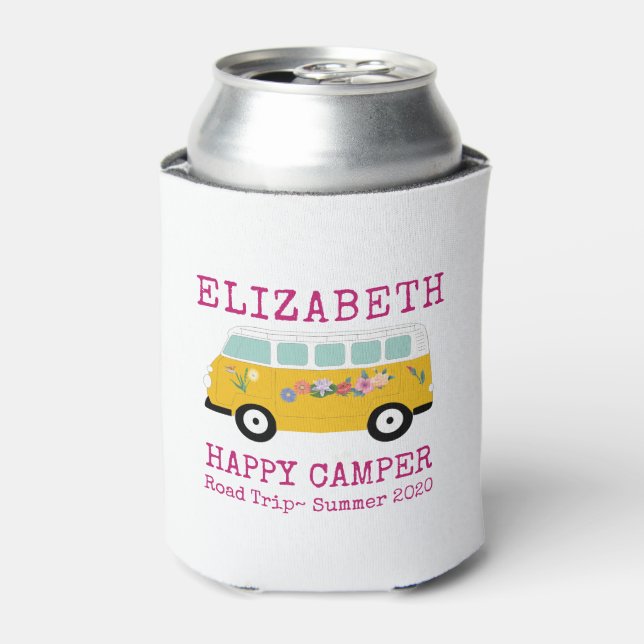 Happy Camper Retro RV Pink Custom Cooler (Can Front)