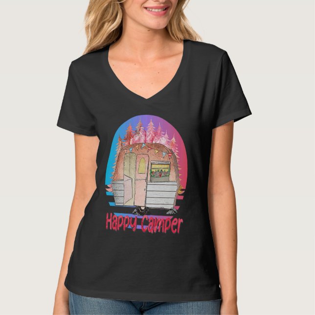 Happy Camper Retro Sunset with Teardrop Camper T-Shirt (Front)