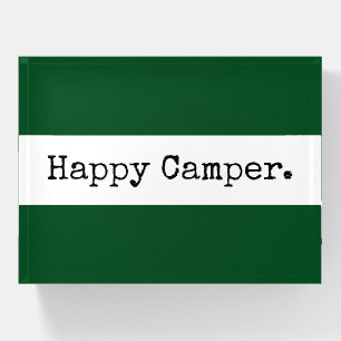 HAPPY CAMPER Retro Text Bold Green White Stripes Paperweight