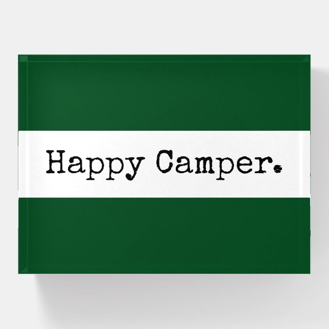 HAPPY CAMPER Retro Text Bold Green White Stripes Paperweight (Front)